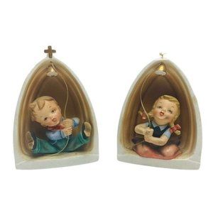 Vintage Nikoniko Boy Girl Ringing Church Bell Figurines Lot Of 2 Children 5x4x2